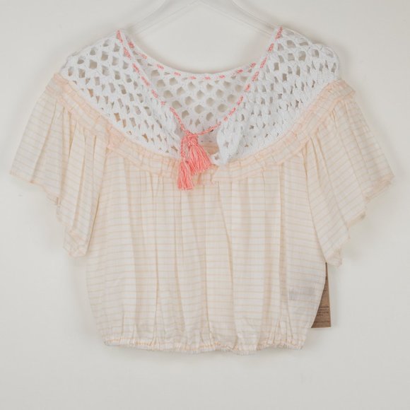Free People Allora Allora Top Stripe Shirt Crochet Peach White Size Small New - Picture 2 of 7
